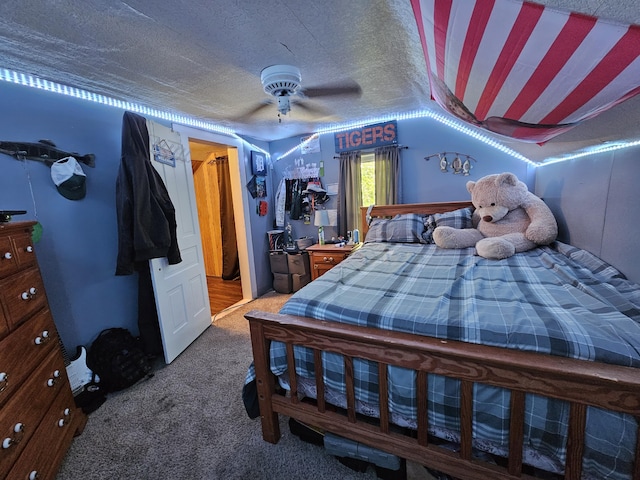 8991 W 1 Mile Rd, Hesperia, MI 49421 - carpeted bedroom with a textured ceiling, vaulted ceiling, and ceiling fan