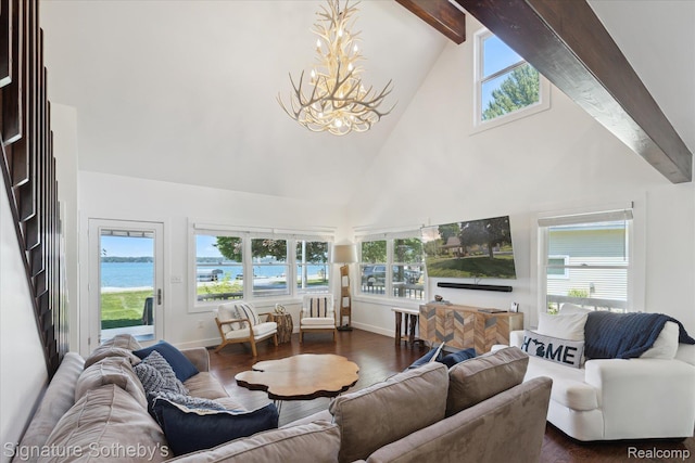 4294 N E Torch Lake Dr, Central Lake, MI 49622 - living area featuring high vaulted ceiling, beam ceiling, a chandelier, and dark wood-style floors