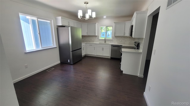 9630 Lambs Rd, Goodells, MI 48027 - kitchen with appliances with stainless steel finishes, a chandelier, light countertops, decorative backsplash, and dark wood-style flooring