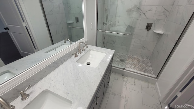 9630 Lambs Rd, Goodells, MI 48027 - bathroom featuring marble look tiles, double vanity, and a stall shower