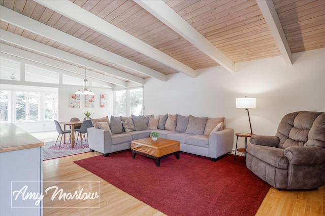 708 Magnolia Ct, Big Rapids, MI 49307 - living room with wooden ceiling, light wood finished floors, and a chandelier