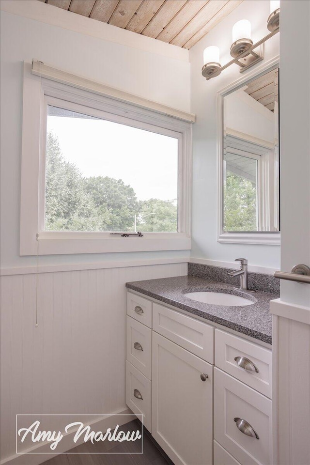 708 Magnolia Ct, Big Rapids, MI 49307 - bathroom featuring vanity and wood ceiling