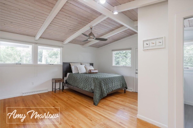 708 Magnolia Ct, Big Rapids, MI 49307 - bedroom with baseboard heating, wooden ceiling, light wood-type flooring, and a ceiling fan