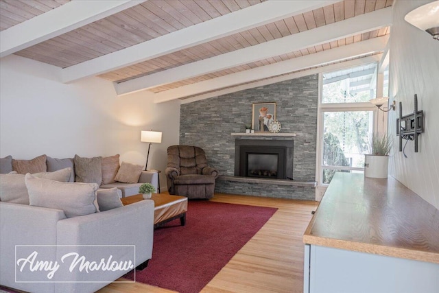 708 Magnolia Ct, Big Rapids, MI 49307 - living room with wood finished floors, wood ceiling, and a fireplace