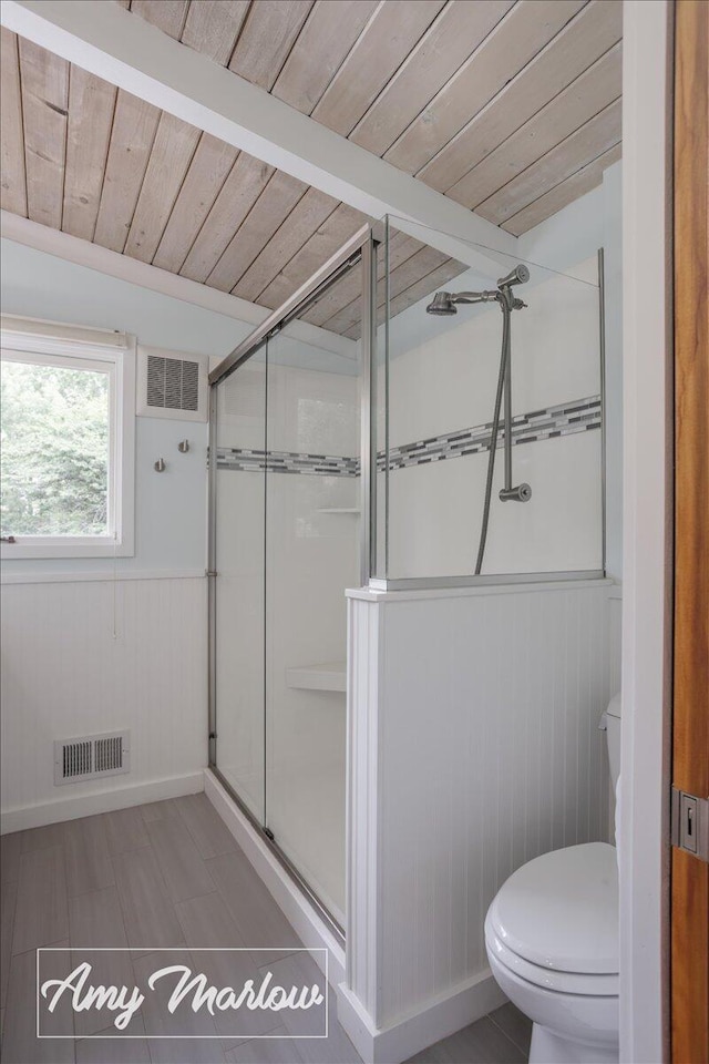 708 Magnolia Ct, Big Rapids, MI 49307 - full bath featuring a stall shower, wainscoting, wood walls, and wooden ceiling