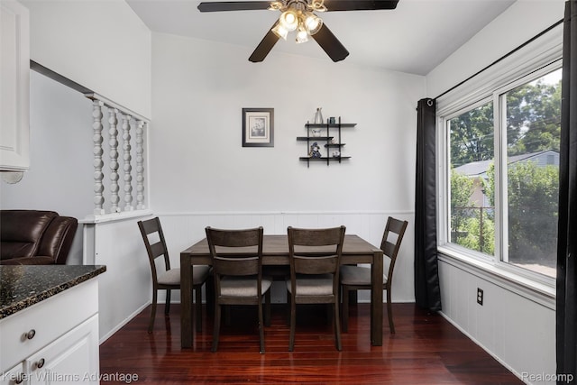9428 Oak St, Taylor, MI 48180 - dining area with dark wood finished floors, plenty of natural light, a ceiling fan, and a wainscoted wall