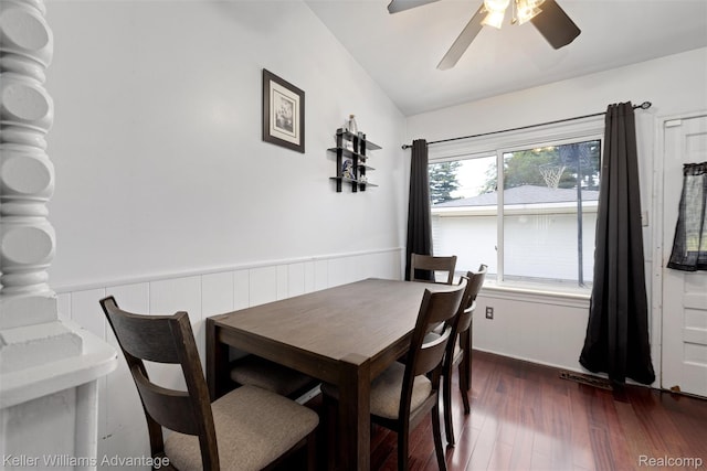 9428 Oak St, Taylor, MI 48180 - dining space featuring ceiling fan, dark wood-type flooring, and wainscoting