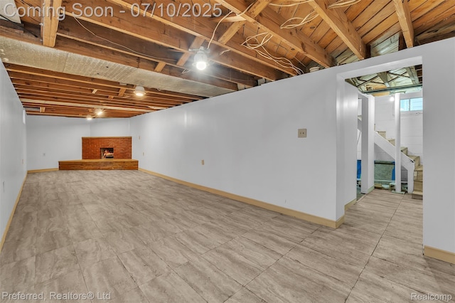 9624 Columbia, Redford, MI 48239 - below grade area featuring stairway and a brick fireplace
