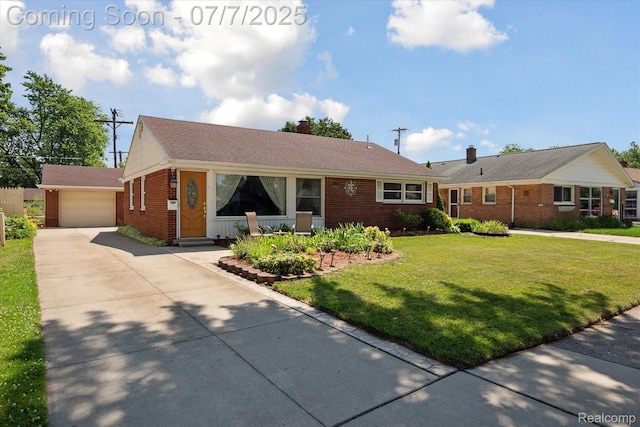 18735 Valade St, Riverview, MI 48193 - ranch-style house featuring brick siding, an outbuilding, a front lawn, a chimney, and a garage