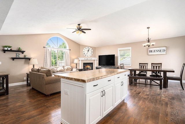 13757 Duncan St, Holland, MI 49424 - kitchen with dark wood-style flooring, ceiling fan, vaulted ceiling, healthy amount of natural light, and a tiled fireplace