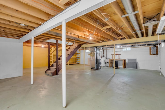 1007 Oak Grove Rd, Jackson, MI 49203 - unfinished below grade area with stairs, electric panel, and washer and dryer