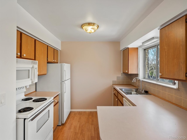29272 Gloede Dr Unit 16, Warren, MI 48088 - kitchen with white appliances, backsplash, light wood-style flooring, light countertops, and brown cabinets