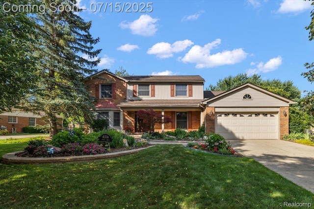 4516 Cahill Dr, Troy, MI 48098 - traditional-style house featuring a garage, brick siding, a front yard, driveway, and a porch