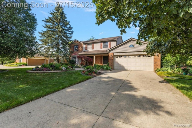 4516 Cahill Dr, Troy, MI 48098 - traditional home featuring an attached garage, a front lawn, brick siding, and concrete driveway