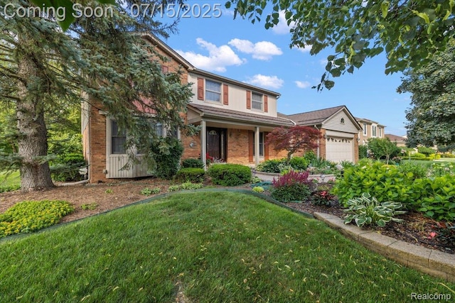 4516 Cahill Dr, Troy, MI 48098 - view of front of home with an attached garage, brick siding, and a front lawn