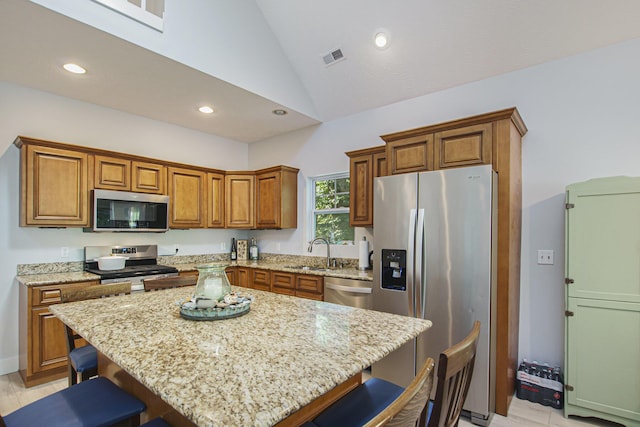 488 Solace Way S, Haven, MI 49090 - kitchen featuring stainless steel appliances, a breakfast bar, lofted ceiling, light stone counters, and brown cabinets