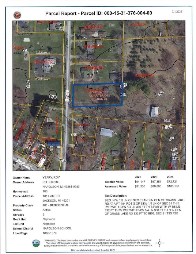 131 E Ave, Jackson, MI 49201 - aerial map of property and surrounding area with property boundaries highlighted