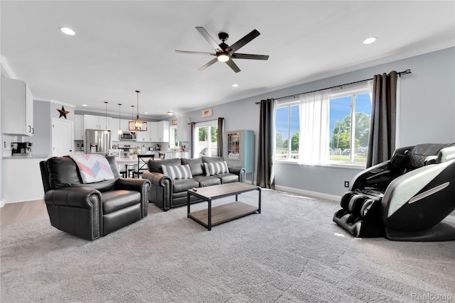 343 Hidden Riv E, Holly, MI 48442 - living area with recessed lighting, ceiling fan, light colored carpet, and ornamental molding