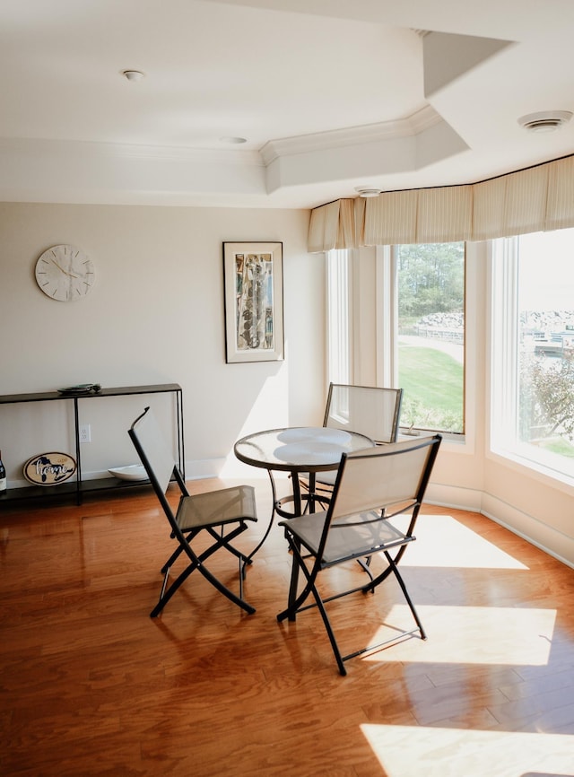 706 N Dockside Cir, Suttons Bay, MI 49682 - dining room featuring a tray ceiling, crown molding, and wood finished floors