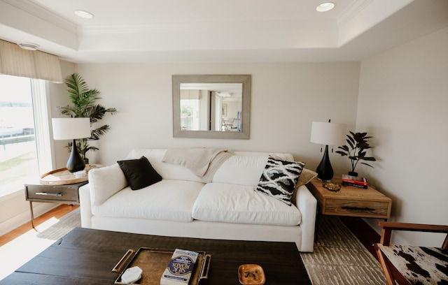 706 N Dockside Cir, Suttons Bay, MI 49682 - living area featuring a raised ceiling, crown molding, recessed lighting, and wood finished floors