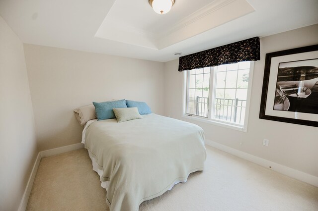 706 N Dockside Cir, Suttons Bay, MI 49682 - bedroom with a tray ceiling, light carpet, and crown molding