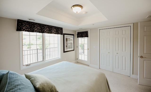 706 N Dockside Cir, Suttons Bay, MI 49682 - carpeted bedroom with a tray ceiling, multiple windows, and a closet