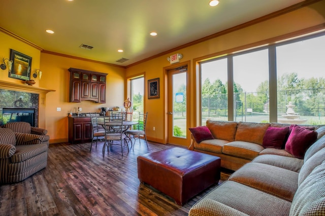 706 N Dockside Cir, Suttons Bay, MI 49682 - living room with crown molding, dark wood-style flooring, recessed lighting, and a premium fireplace