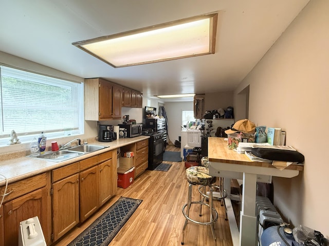 207 W Railroad St, Dowagiac, MI 49047 - kitchen featuring black range with gas stovetop, light countertops, light wood-style floors, and stainless steel microwave