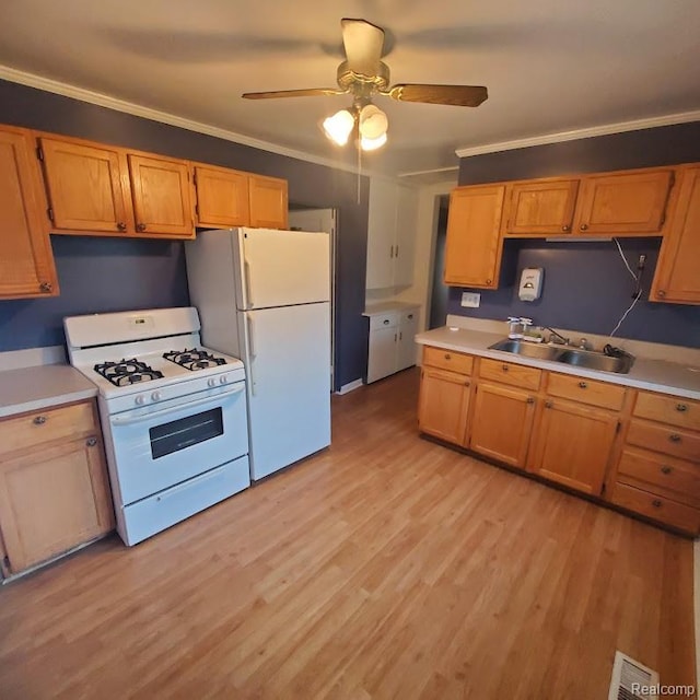 675 E Beverly Ave, Royal Oak, MI 48340 - kitchen with white appliances, light countertops, light wood-style flooring, ornamental molding, and ceiling fan