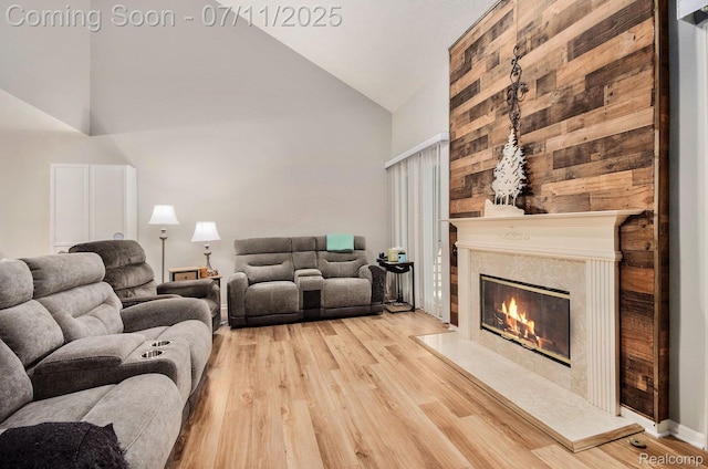 3787 Santa Fe Trl, Ann Arbor, MI 48108 - living area with high vaulted ceiling, a fireplace, and wood finished floors