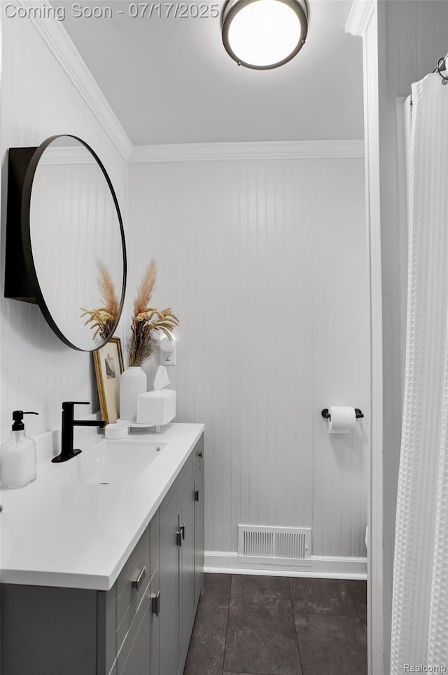 1890 Darwin Rd, Pinckney, MI 48169 - full bath featuring vanity, ornamental molding, a shower with shower curtain, and wood walls