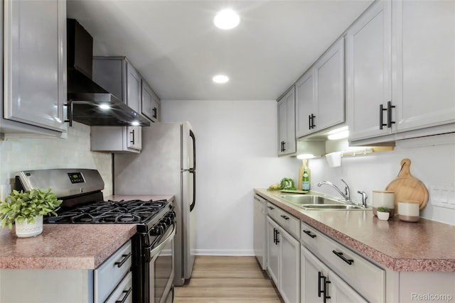 9671 Harbour Cove Ct, Ypsilanti, MI 48197 - kitchen featuring wall chimney range hood, stainless steel range with gas stovetop, light wood-style flooring, backsplash, and white dishwasher