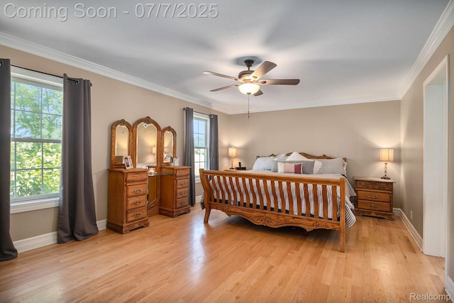1090 E Jones Rd, Howell, MI 48855 - bedroom featuring light wood-style floors, ornamental molding, and ceiling fan