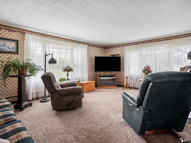 7393 Newport S Rd, Newport, MI 48166 - living room featuring wallpapered walls, crown molding, carpet, and healthy amount of natural light