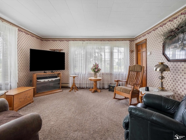 7393 Newport S Rd, Newport, MI 48166 - carpeted living area with ornamental molding and wallpapered walls