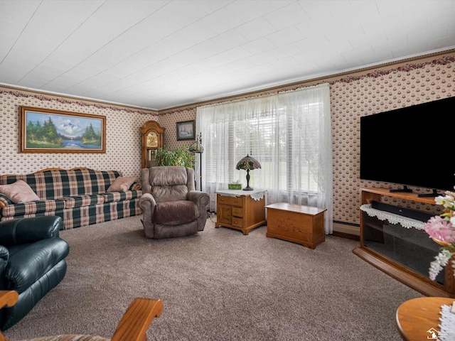 7393 Newport S Rd, Newport, MI 48166 - living area featuring ornamental molding, carpet floors, and wallpapered walls
