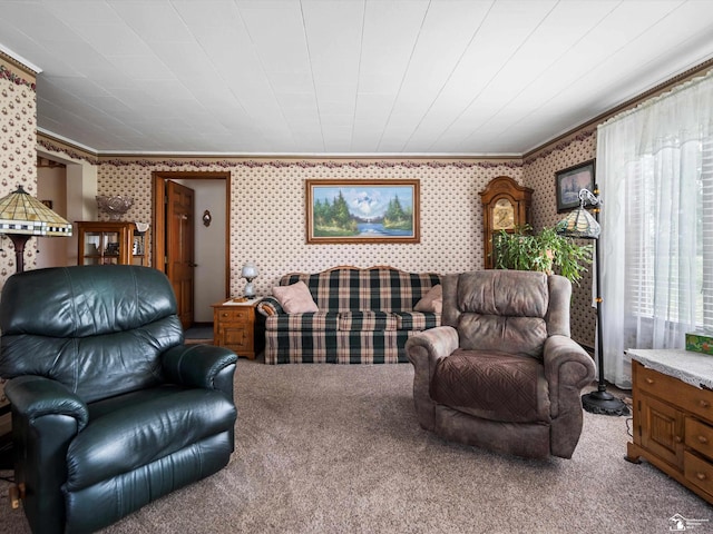 7393 Newport S Rd, Newport, MI 48166 - carpeted living room featuring crown molding, wallpapered walls, and plenty of natural light