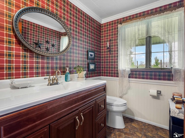 7393 Newport S Rd, Newport, MI 48166 - bathroom with ornamental molding, vanity, wainscoting, and wallpapered walls