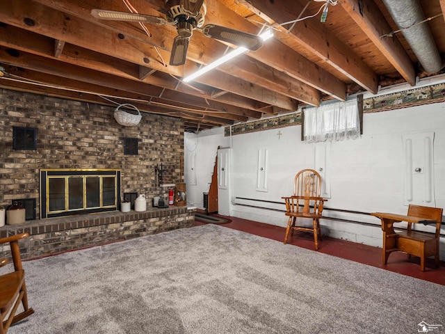 7393 Newport S Rd, Newport, MI 48166 - basement with a fireplace, electric panel, and ceiling fan
