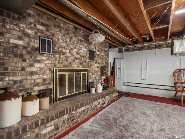 7393 Newport S Rd, Newport, MI 48166 - basement featuring electric panel, baseboard heating, a brick fireplace, and carpet floors