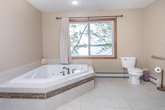 11105 Hahn Beach Dr, Evart, MI 49631 - full bathroom featuring a baseboard radiator, a whirlpool tub, tile patterned floors, and a water view