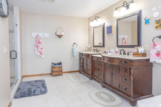 11105 Hahn Beach Dr, Evart, MI 49631 - bathroom with double vanity, a stall shower, and tile patterned floors