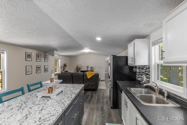 4301 Lasalle Ln, Newaygo, MI 49337 - kitchen with a textured ceiling, white cabinetry, open floor plan, dishwasher, and dark wood-type flooring