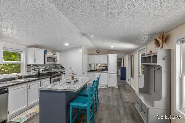 4301 Lasalle Ln, Newaygo, MI 49337 - kitchen with stainless steel appliances, a kitchen island, vaulted ceiling, white cabinetry, and backsplash