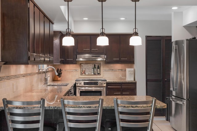 15178 154th Ave, Grand Haven, MI 49417 - kitchen featuring stainless steel appliances, under cabinet range hood, dark brown cabinetry, a peninsula, and decorative backsplash