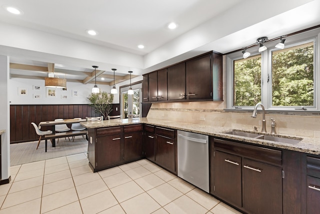 15178 154th Ave, Grand Haven, MI 49417 - kitchen with stainless steel dishwasher, dark brown cabinetry, a peninsula, beamed ceiling, and light stone counters