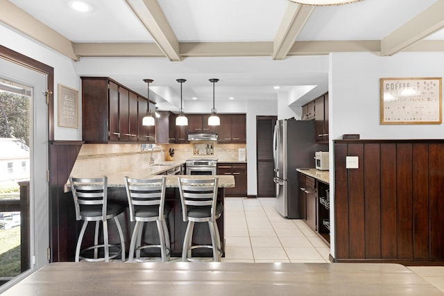 15178 154th Ave, Grand Haven, MI 49417 - kitchen featuring appliances with stainless steel finishes, under cabinet range hood, a peninsula, beamed ceiling, and dark brown cabinets