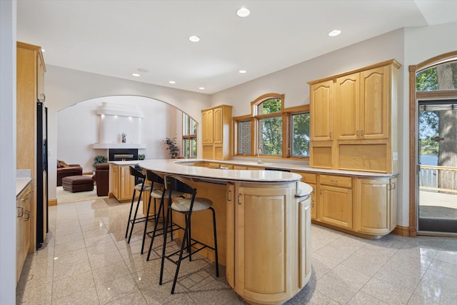 6076 Browns Lake Rd, Jackson, MI 49203 - kitchen featuring light brown cabinets, granite floors, a lit fireplace, recessed lighting, and arched walkways
