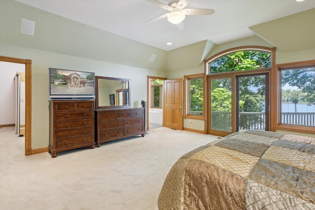 6076 Browns Lake Rd, Jackson, MI 49203 - bedroom with carpet floors, lofted ceiling, a ceiling fan, and access to exterior