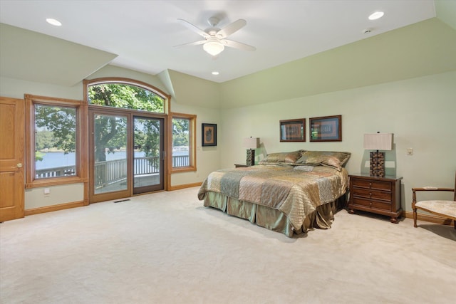 6076 Browns Lake Rd, Jackson, MI 49203 - carpeted bedroom with lofted ceiling, access to outside, a ceiling fan, and recessed lighting
